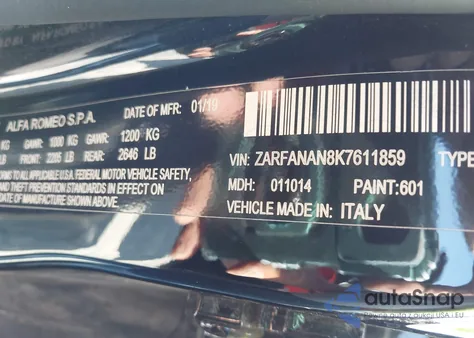2019 Alfa Romeo Giulia Awd from USA, damaged, VIN ZARFANAN8K7611859